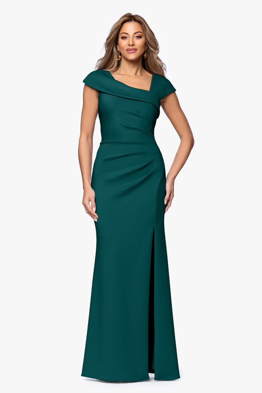 Petite "Lenore" Techno Scuba Asymmetrical Neckline Dress Hunter