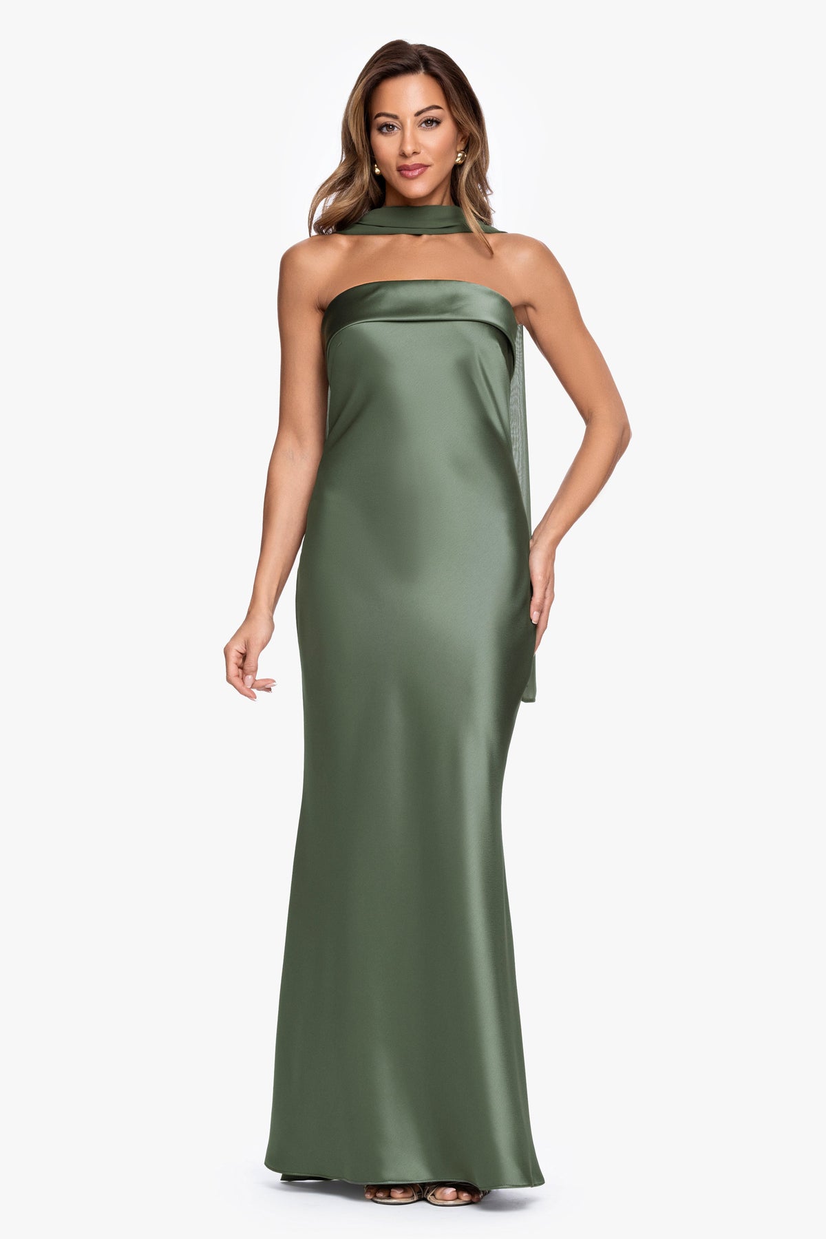 "Lila" Satin With Hammered Chiffon Scarf Dress Black