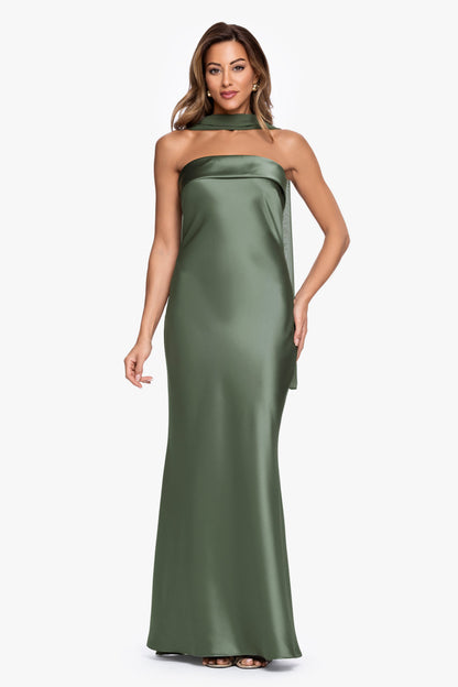 "Lila" Satin With Hammered Chiffon Scarf Dress Black