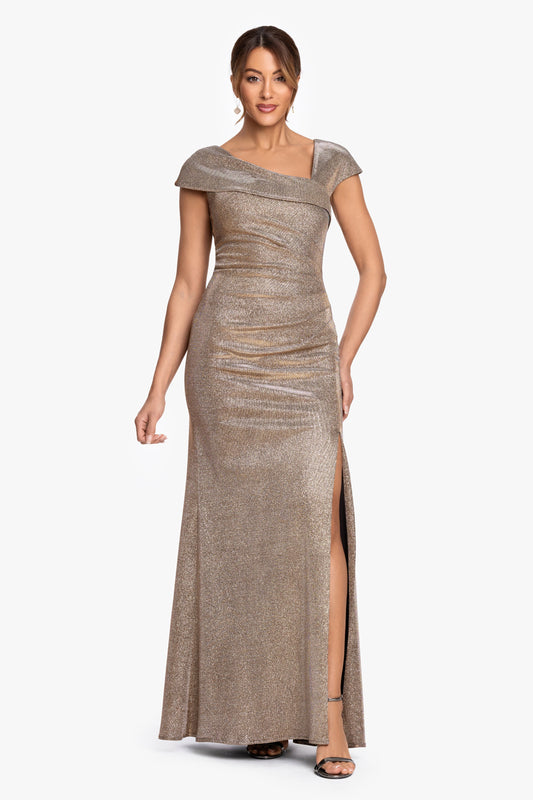 Petite "Angelina" Glitter Metallic Asymmetrical Neckline Dress Sand