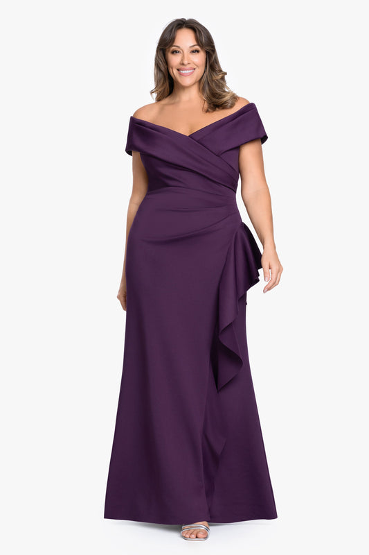Plus "Pearl" Techno Scuba Off the Shoulder Ruffle Dress Plum