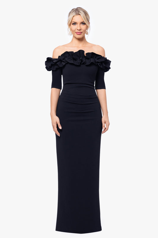 "Isla" Scuba Crepe Off The Shoulder Ruffle Dress Black