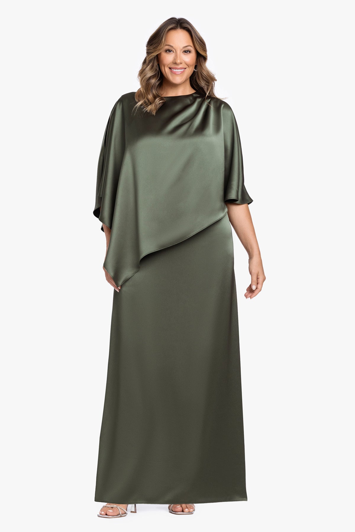 Plus "Ellen" Satin Overlay Cape Dress Olive