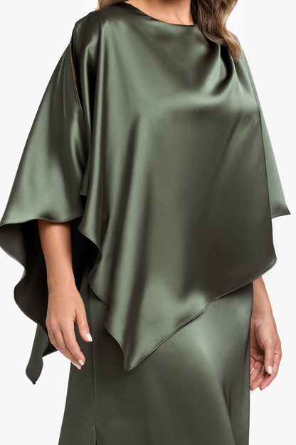 Plus "Ellen" Satin Overlay Cape Dress Olive