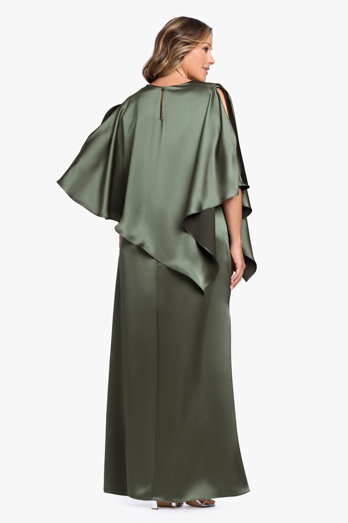 Plus "Ellen" Satin Overlay Cape Dress Olive