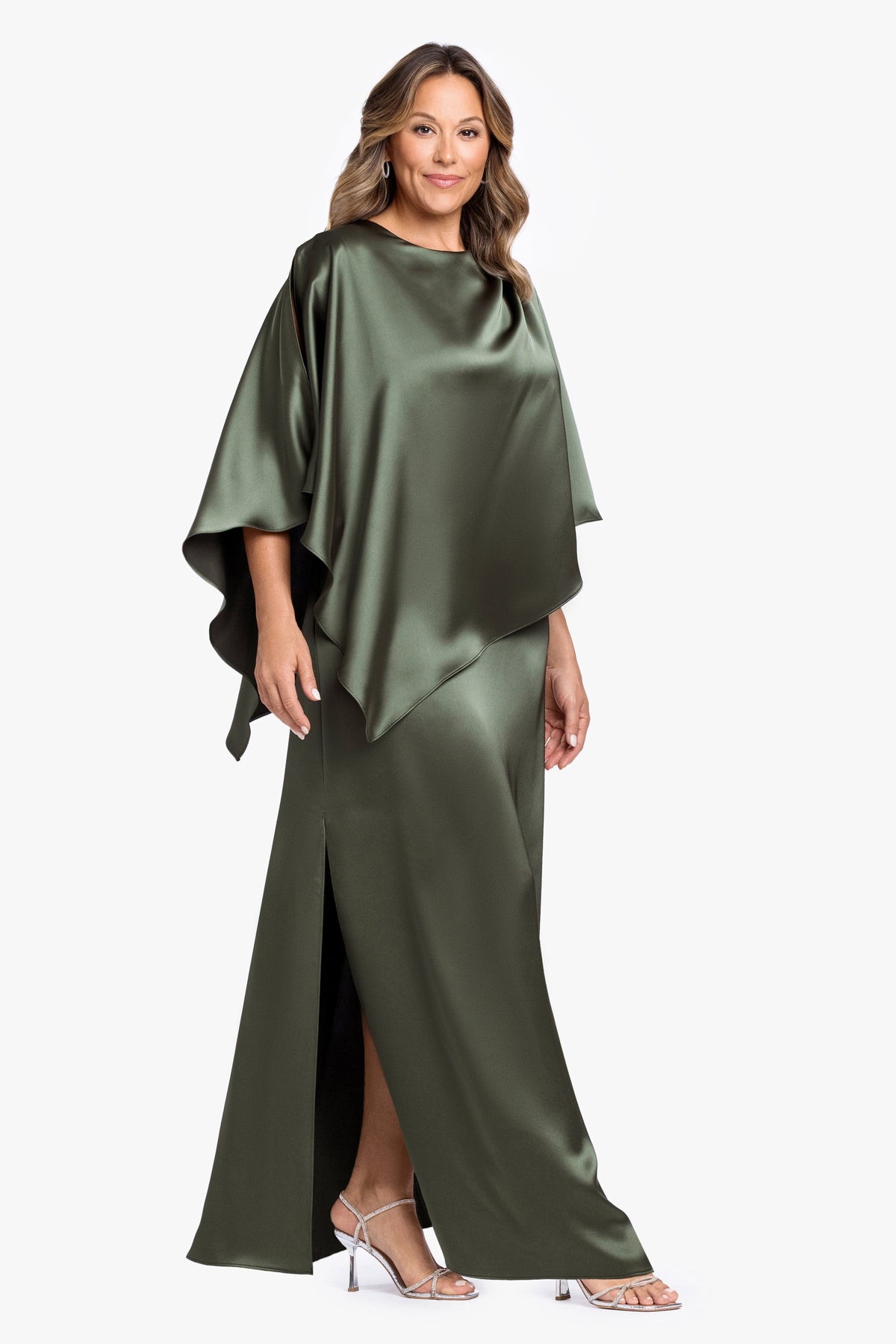 Plus "Ellen" Satin Overlay Cape Dress Olive
