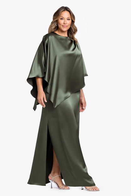 Plus "Ellen" Satin Overlay Cape Dress Olive