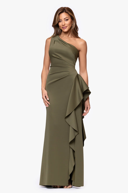 Petite "Flo" Techno Scuba One Shoulder Ruffle Dress Olive