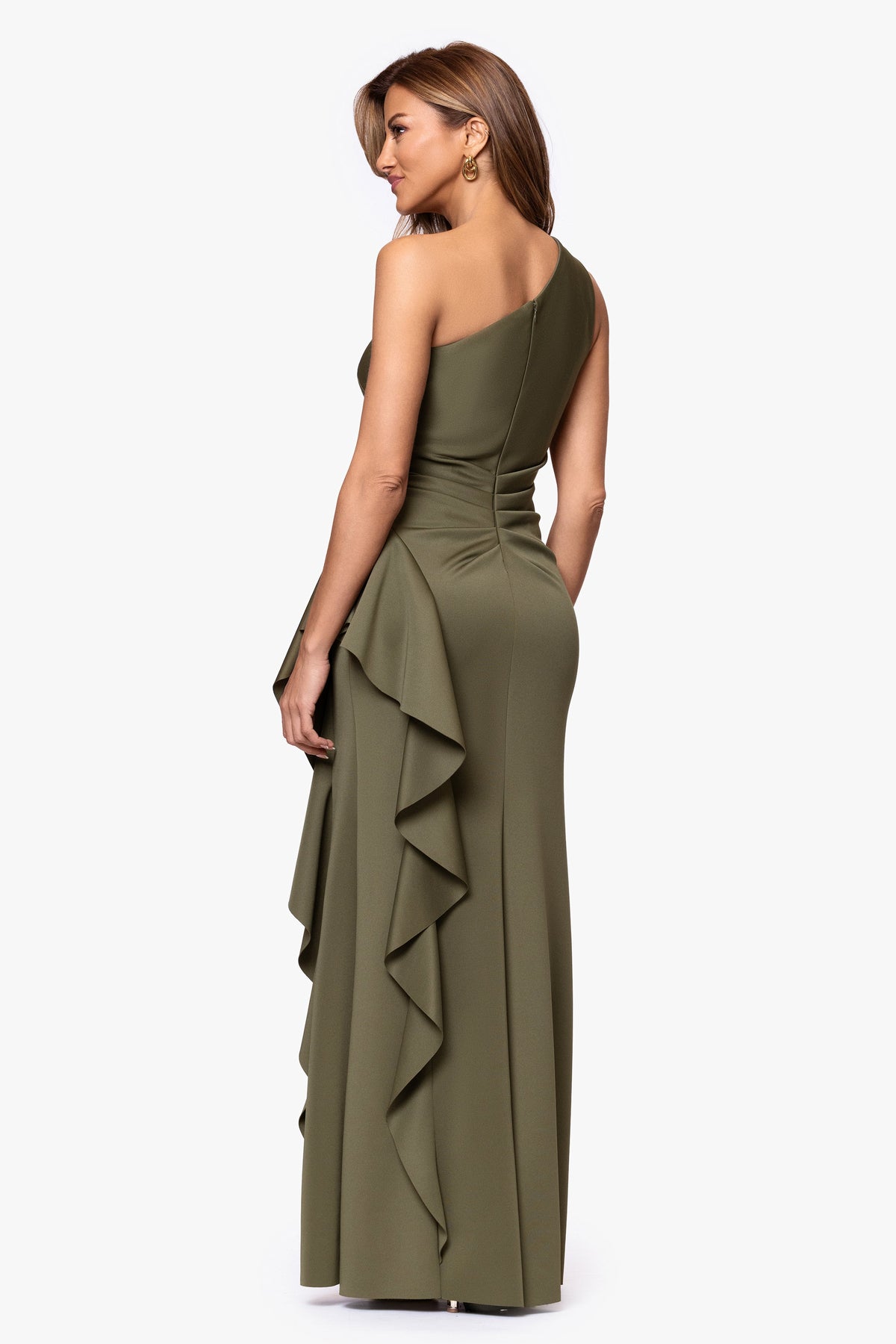 Petite "Flo" Techno Scuba One Shoulder Ruffle Dress Olive