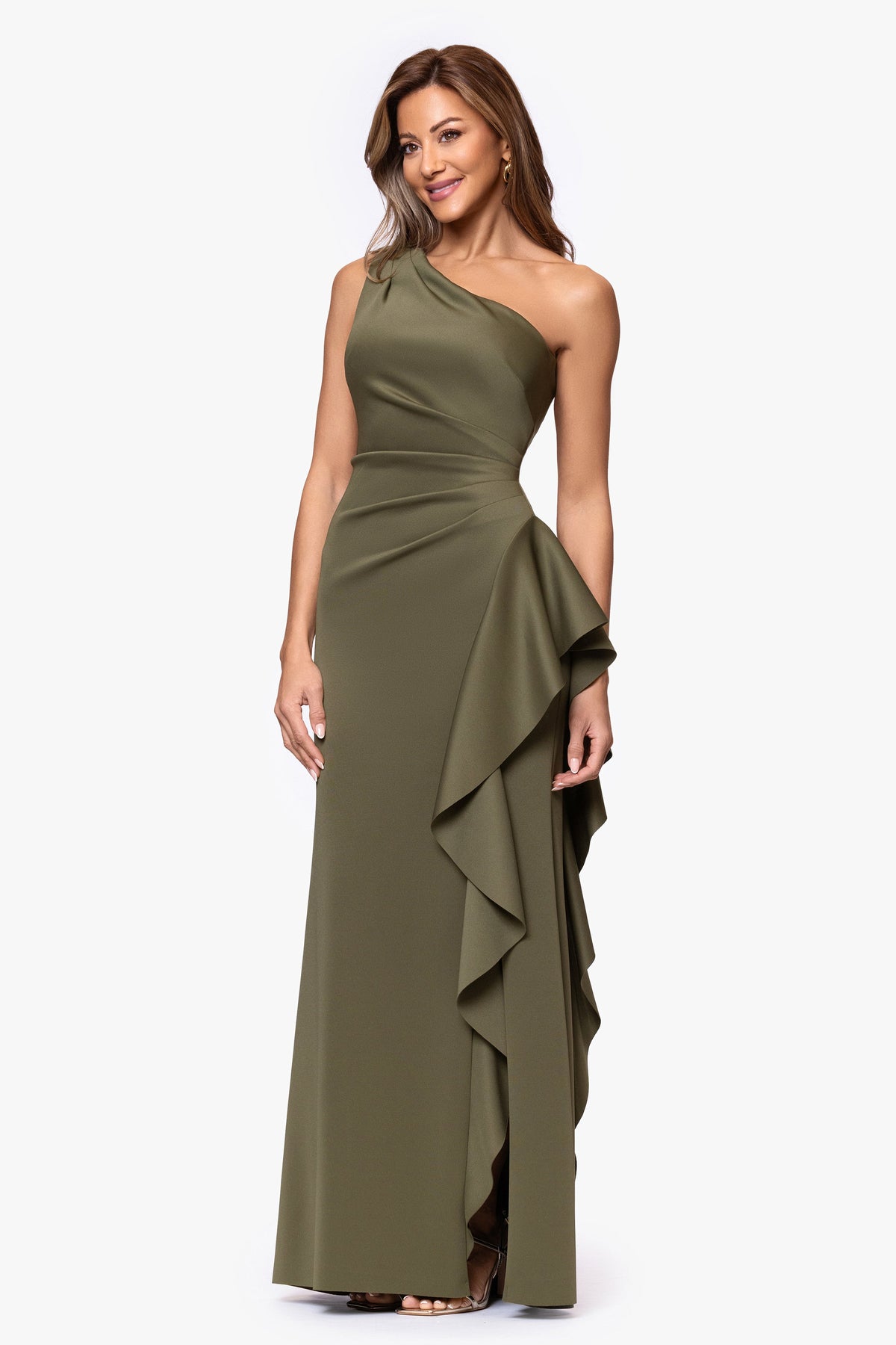 Petite "Flo" Techno Scuba One Shoulder Ruffle Dress Olive