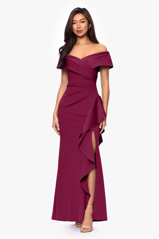 Petite "Pearl" Techno Scuba Off the Shoulder Ruffle Dress Wine