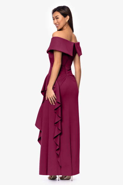 Petite "Pearl" Techno Scuba Off the Shoulder Ruffle Dress Wine
