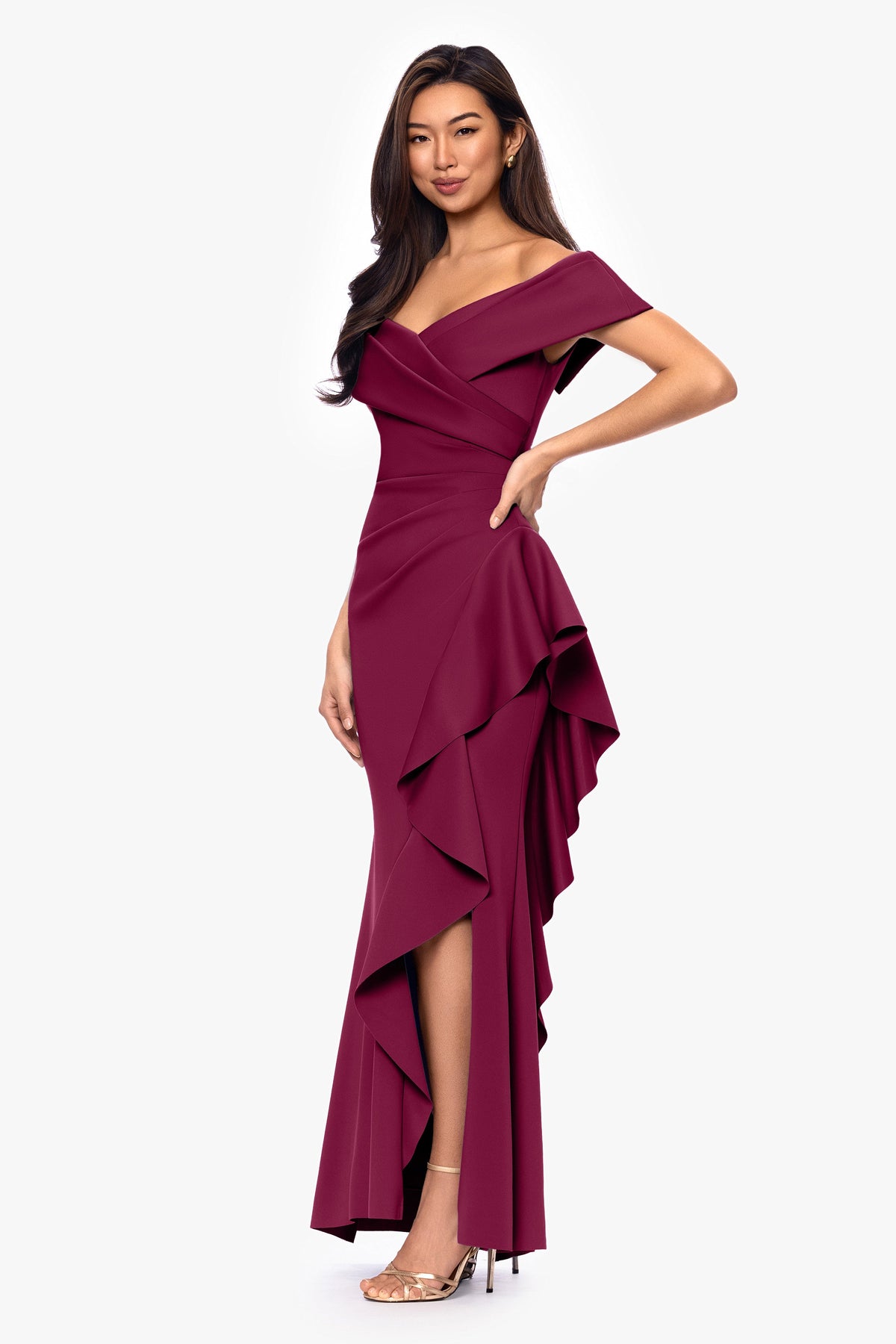 Petite "Pearl" Techno Scuba Off the Shoulder Ruffle Dress Wine