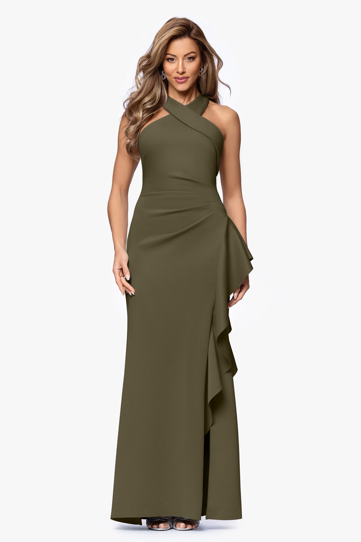 Petite "Gigi" Techno Scuba Cross Neck Dress Olive