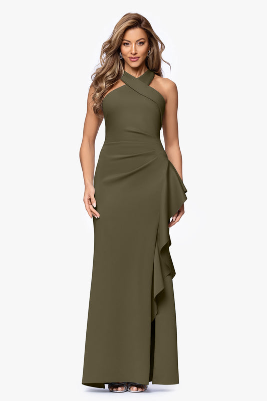 Petite "Gigi" Techno Scuba Cross Neck Dress Olive