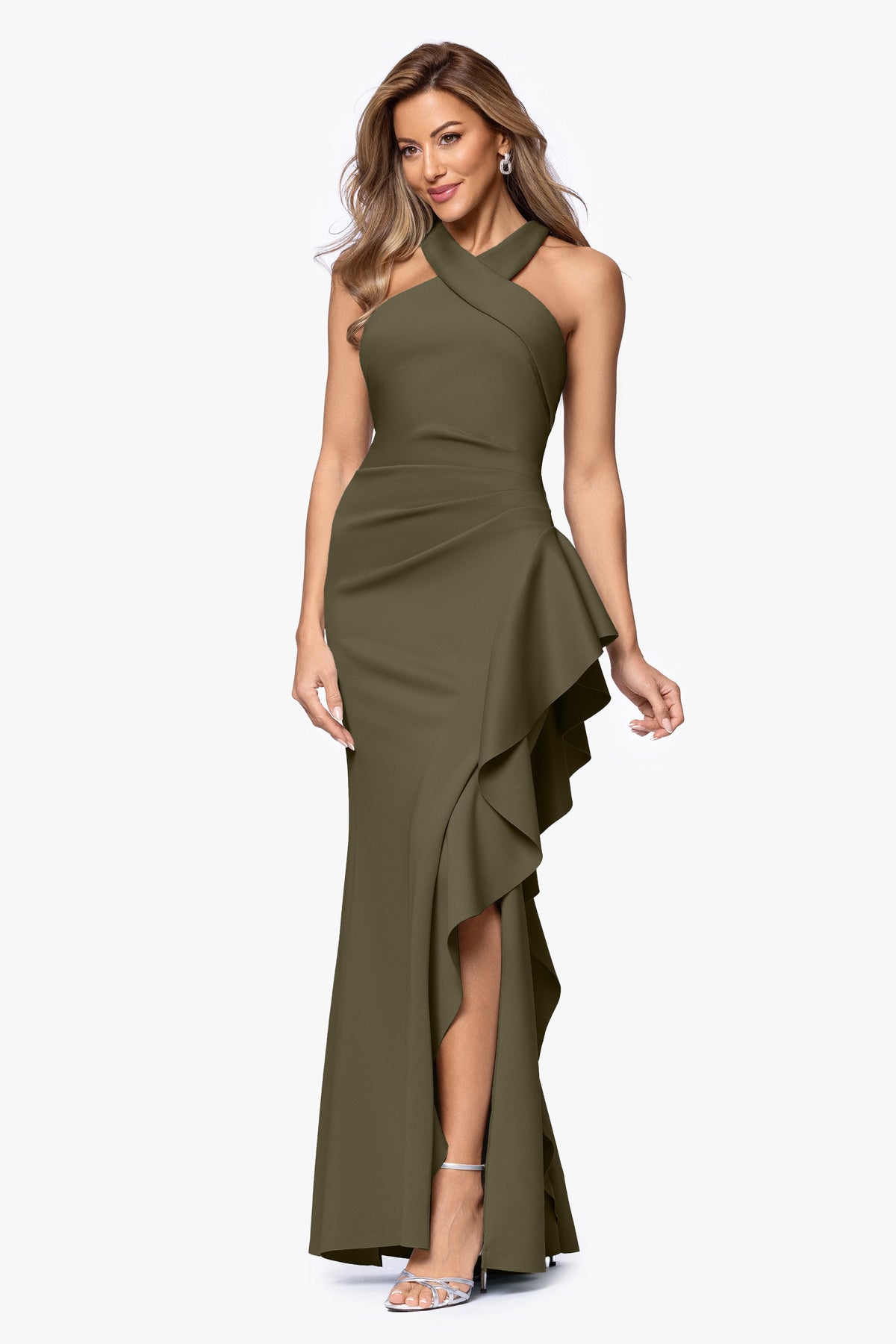 Petite "Gigi" Techno Scuba Cross Neck Dress Olive