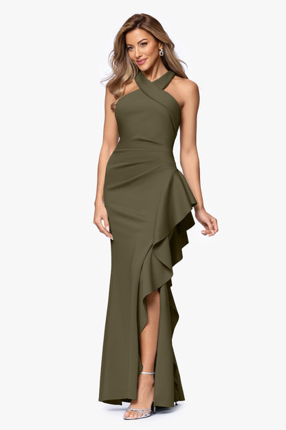 Petite "Gigi" Techno Scuba Cross Neck Dress Olive