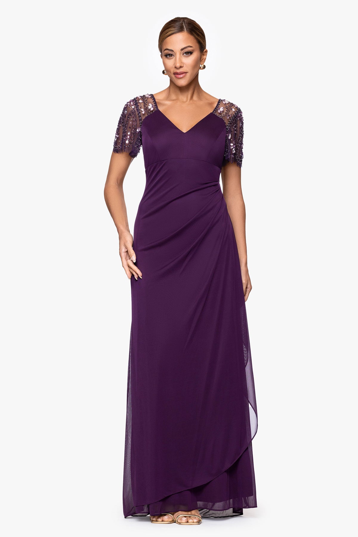 "Lana" Sheer Matte Jersey Beaded Flutter Sleeve Dress Neo Emerald