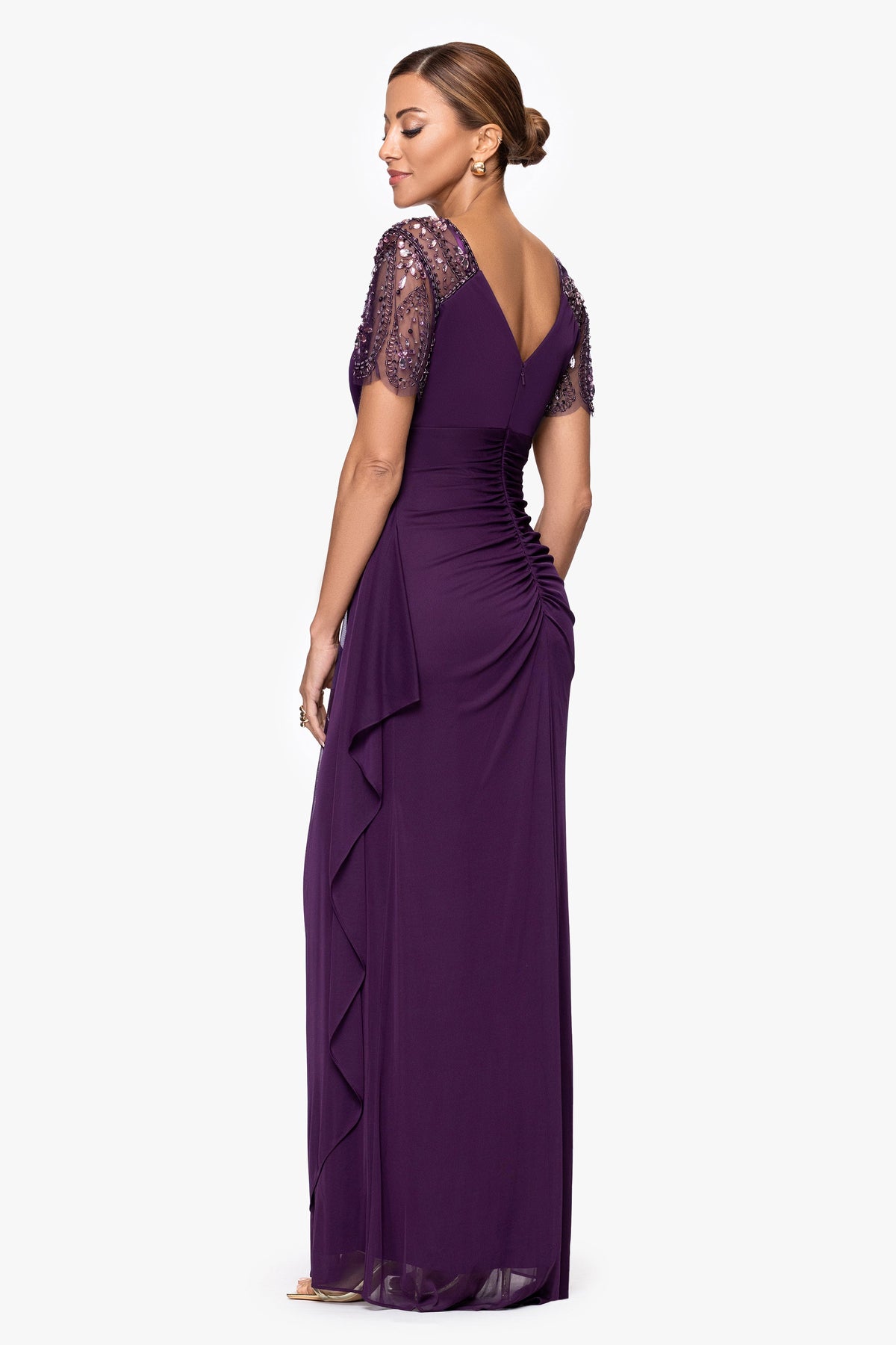 "Lana" Sheer Matte Jersey Beaded Flutter Sleeve Dress Neo Emerald