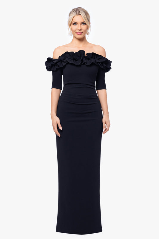 Petite "Isla" Scuba Crepe Off The Shoulder Ruffle Dress Black