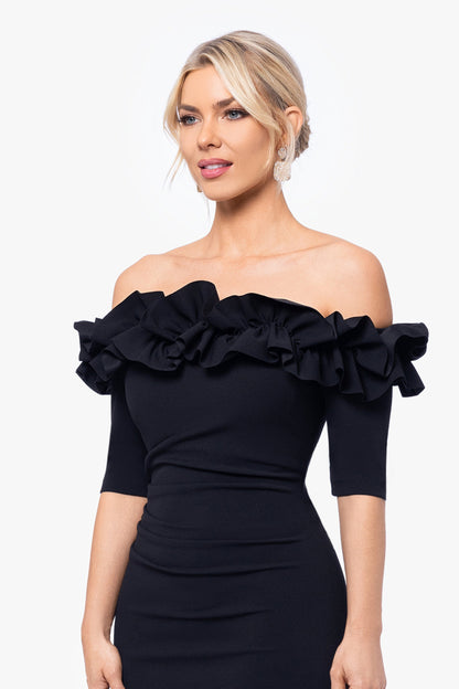 Petite "Isla" Scuba Crepe Off The Shoulder Ruffle Dress Black