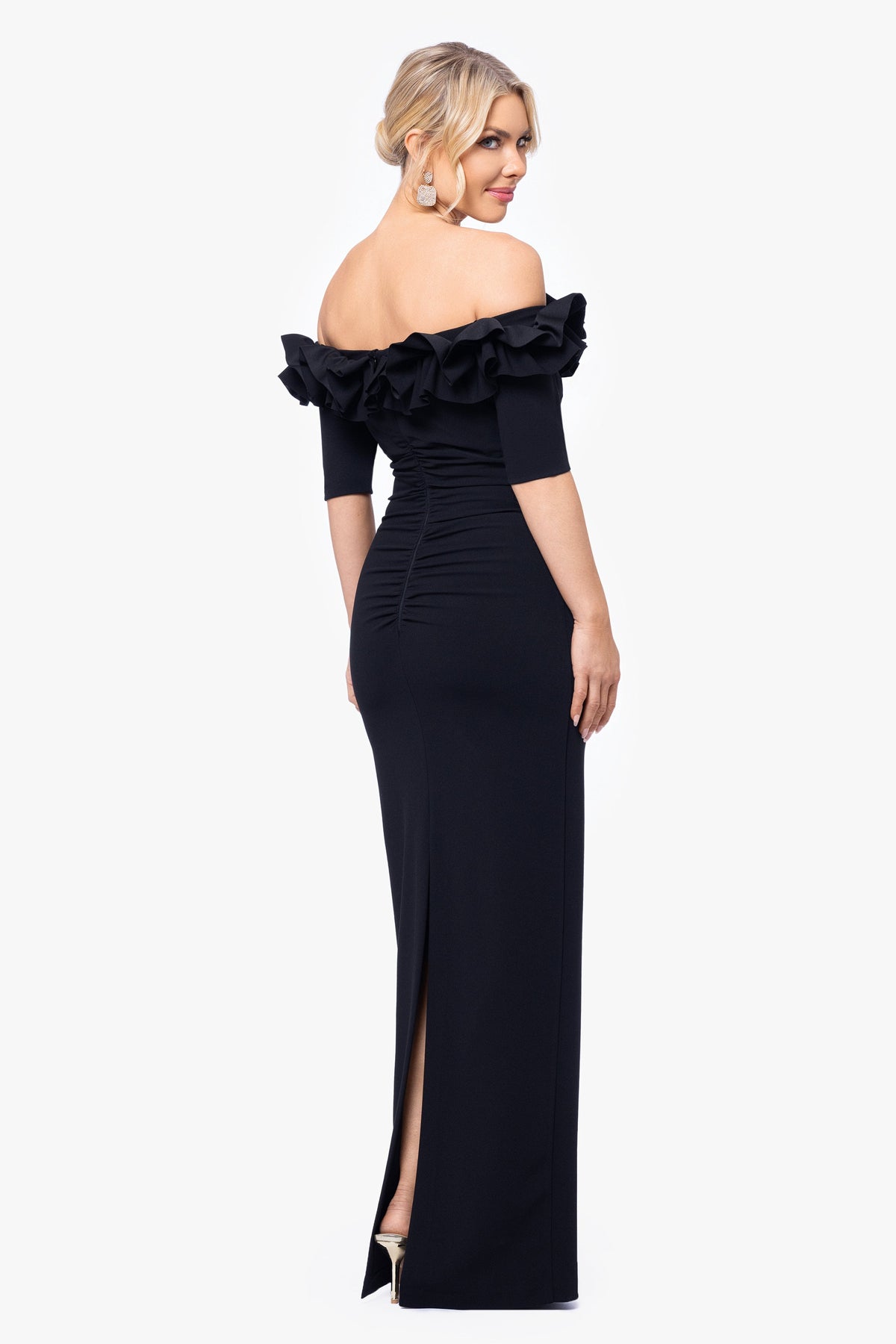 Petite "Isla" Scuba Crepe Off The Shoulder Ruffle Dress Black