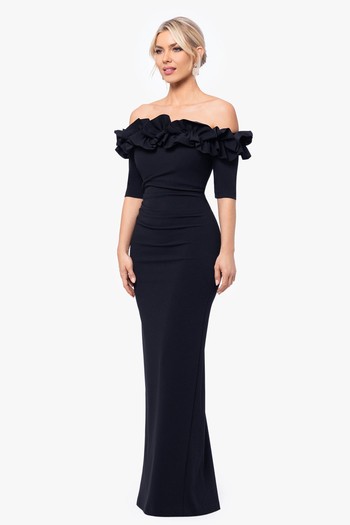 Petite "Isla" Scuba Crepe Off The Shoulder Ruffle Dress Black