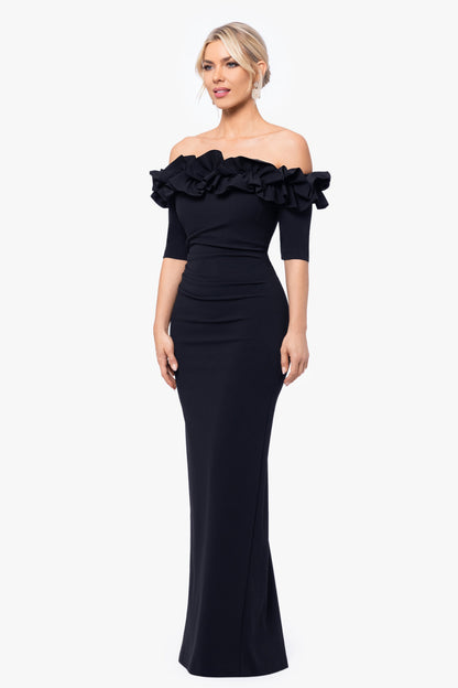Petite "Isla" Scuba Crepe Off The Shoulder Ruffle Dress Black
