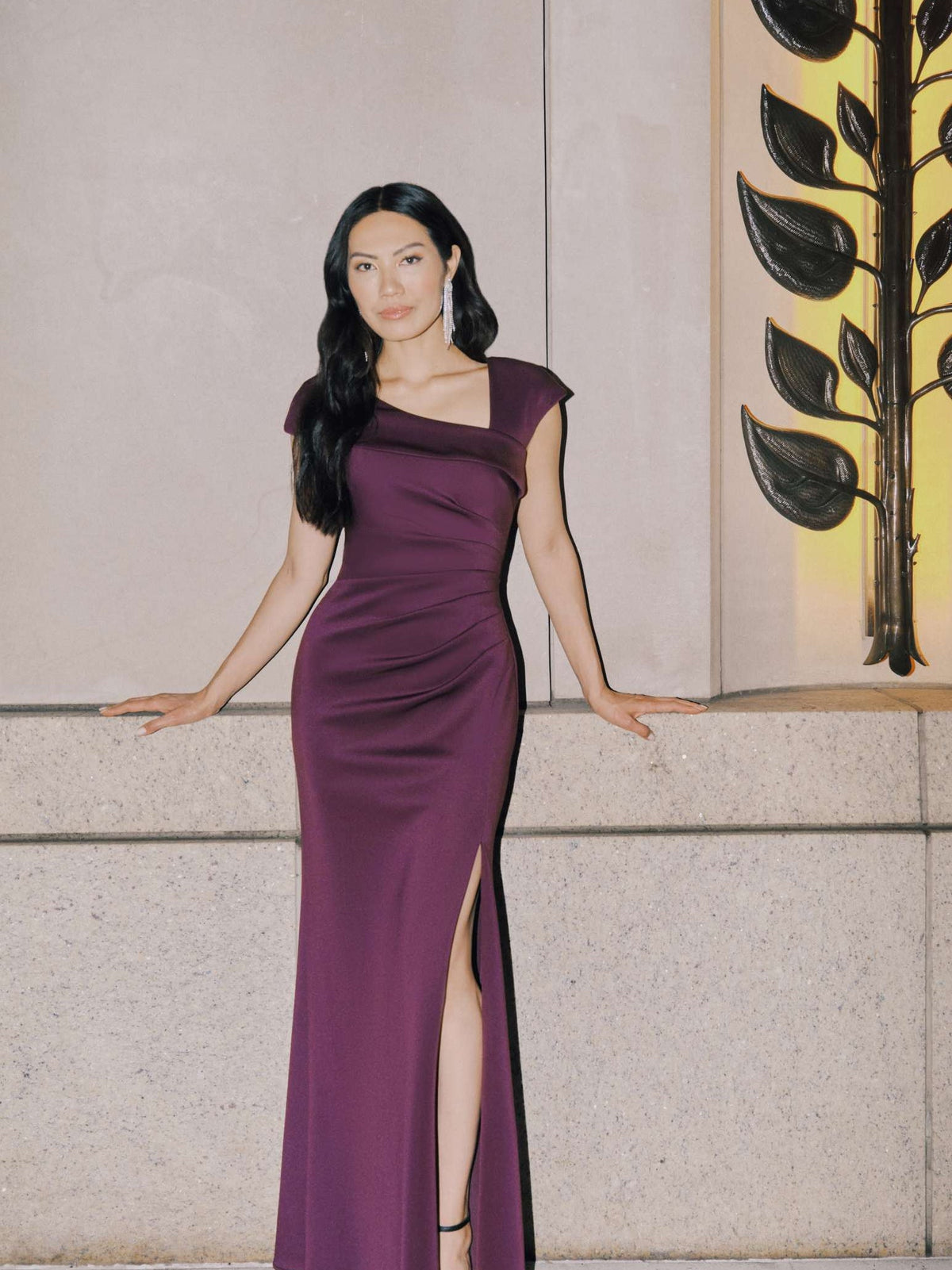 "Lenore" Techno Scuba Asymmetrical Neckline Dress Plum
