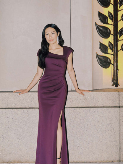 "Lenore" Techno Scuba Asymmetrical Neckline Dress Plum