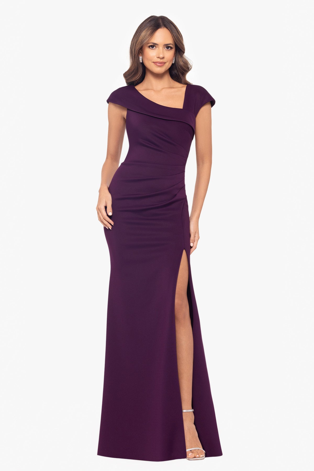 "Lenore" Techno Scuba Asymmetrical Neckline Dress Plum