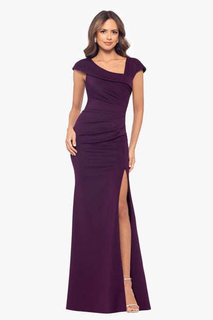"Lenore" Techno Scuba Asymmetrical Neckline Dress Plum