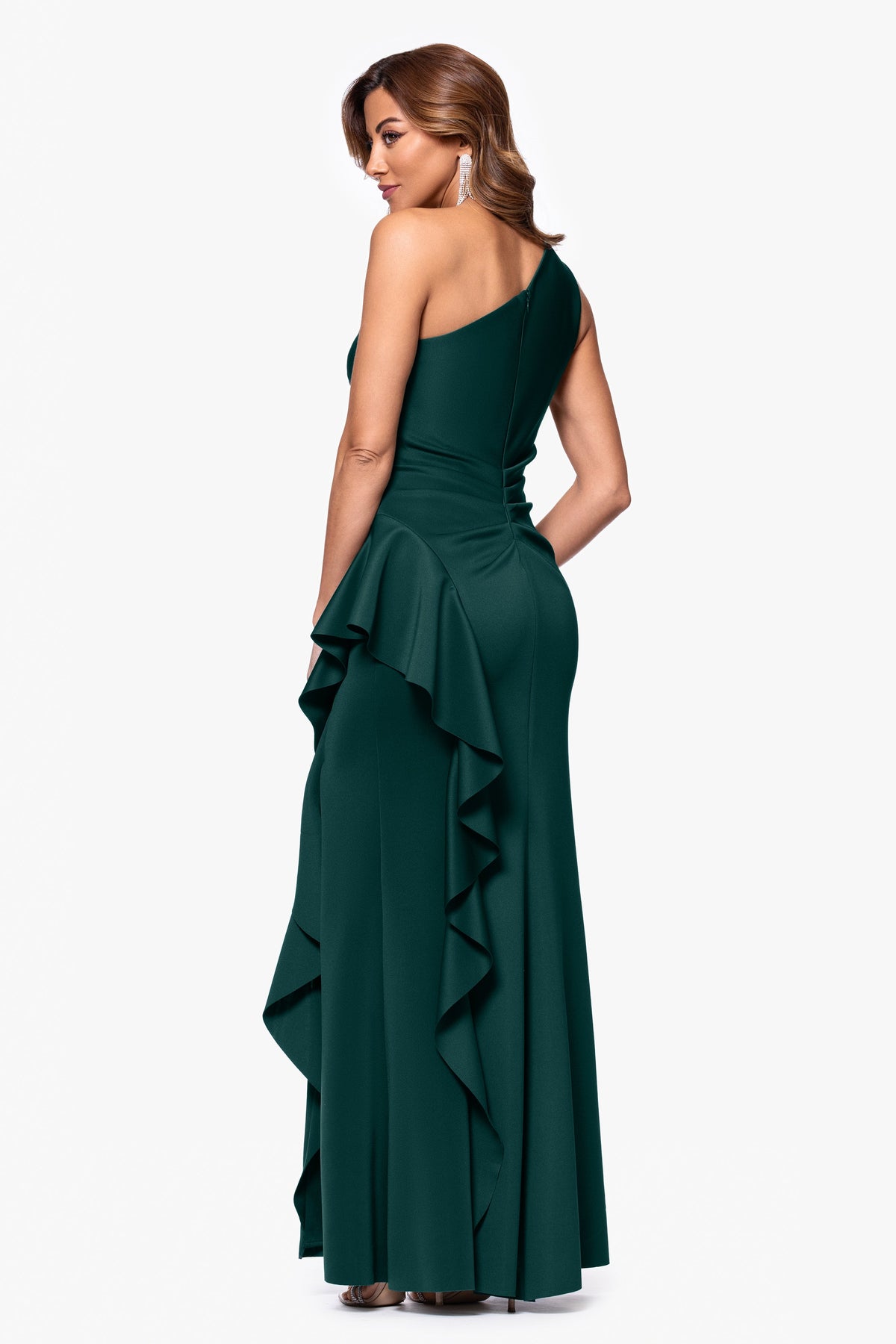 "Flo" Techno Scuba One Shoulder Ruffle Dress Hunter