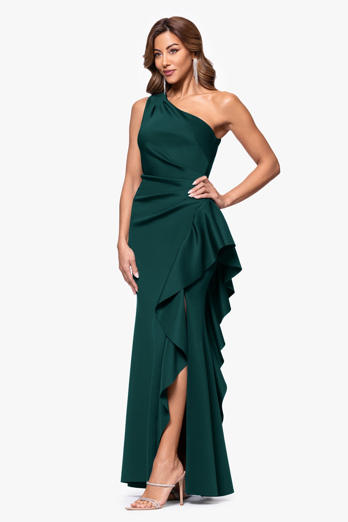 "Flo" Techno Scuba One Shoulder Ruffle Dress Hunter