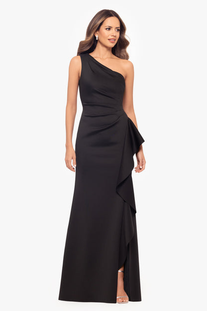 Petite "Flo" Long Techno Scuba One Shoulder Ruffle Dress Black