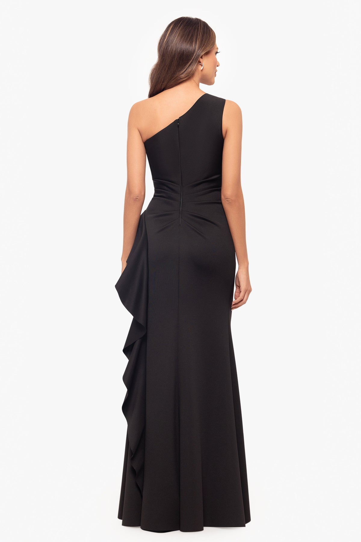 Petite "Flo" Long Techno Scuba One Shoulder Ruffle Dress Black