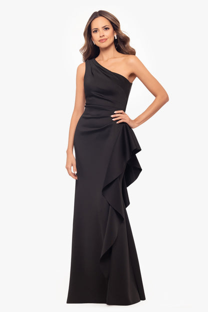 "Flo" Long Techno Scuba One Shoulder Ruffle Dress Black