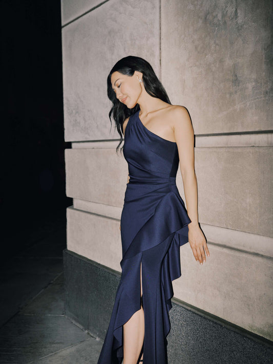 "Flo" Long Techno Scuba One Shoulder Ruffle Dress Midnight