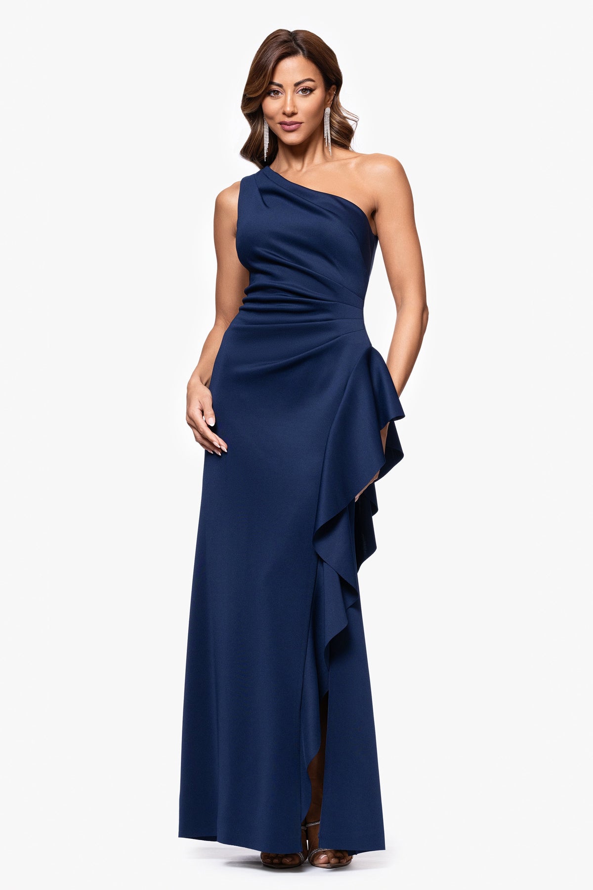 "Flo" Long Techno Scuba One Shoulder Ruffle Dress Midnight