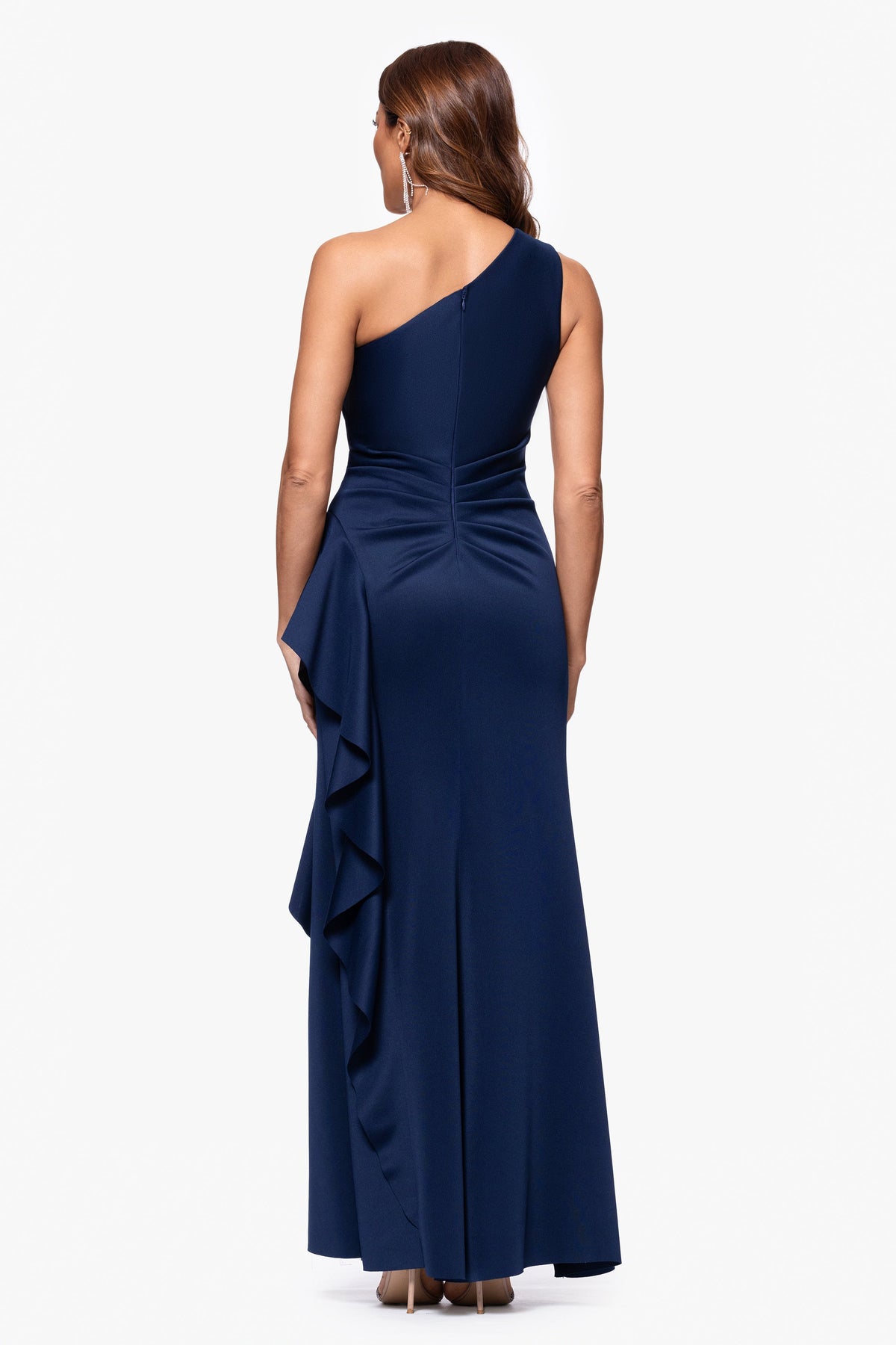 "Flo" Long Techno Scuba One Shoulder Ruffle Dress Midnight