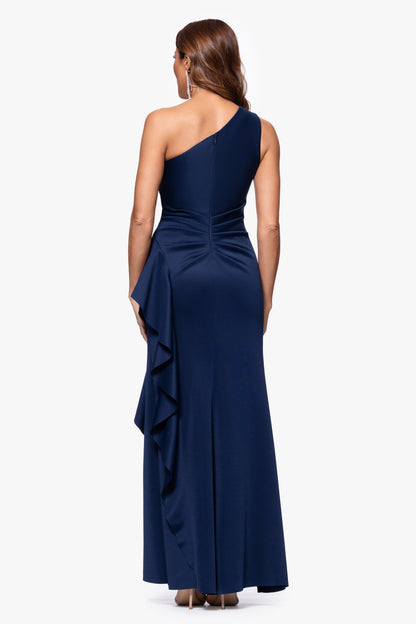 "Flo" Long Techno Scuba One Shoulder Ruffle Dress Midnight