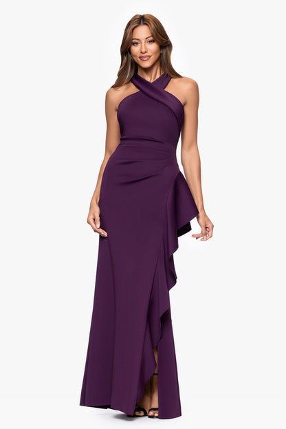 "Gigi" Techno Scuba Cross Neck Dress Plum