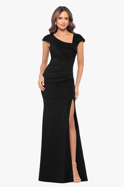 Petite "Lenore" Techno Scuba Asymmetrical Neckline Dress Black