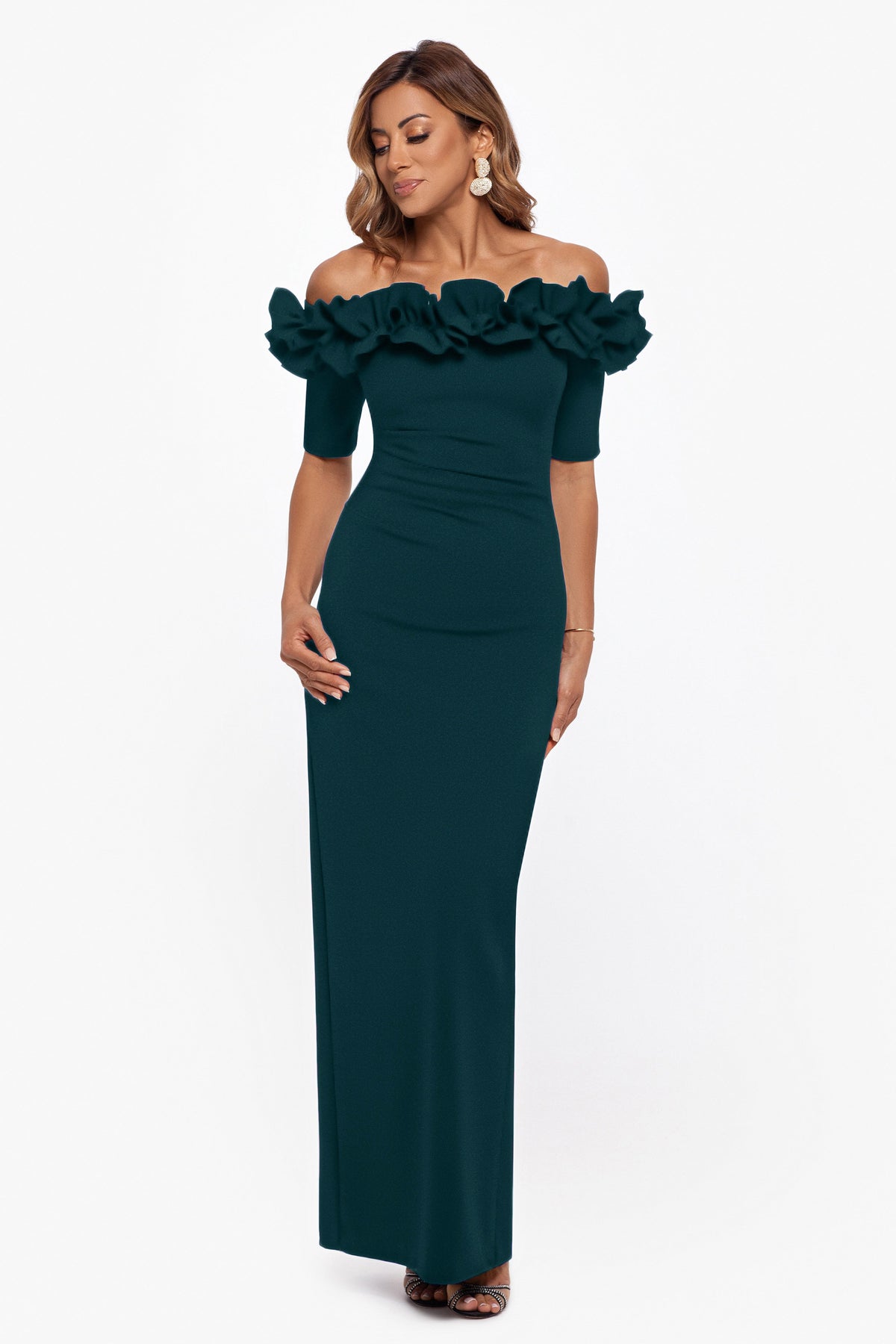 "Isla" Scuba Crepe Off The Shoulder Ruffle Dress Pine