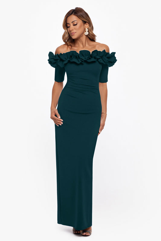 "Isla" Scuba Crepe Off The Shoulder Ruffle Dress Pine