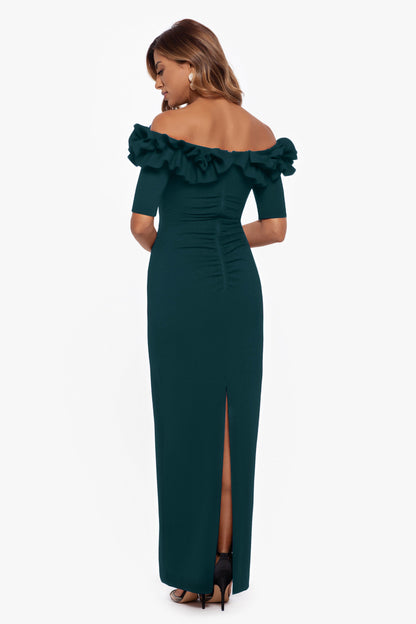 "Isla" Scuba Crepe Off The Shoulder Ruffle Dress Pine