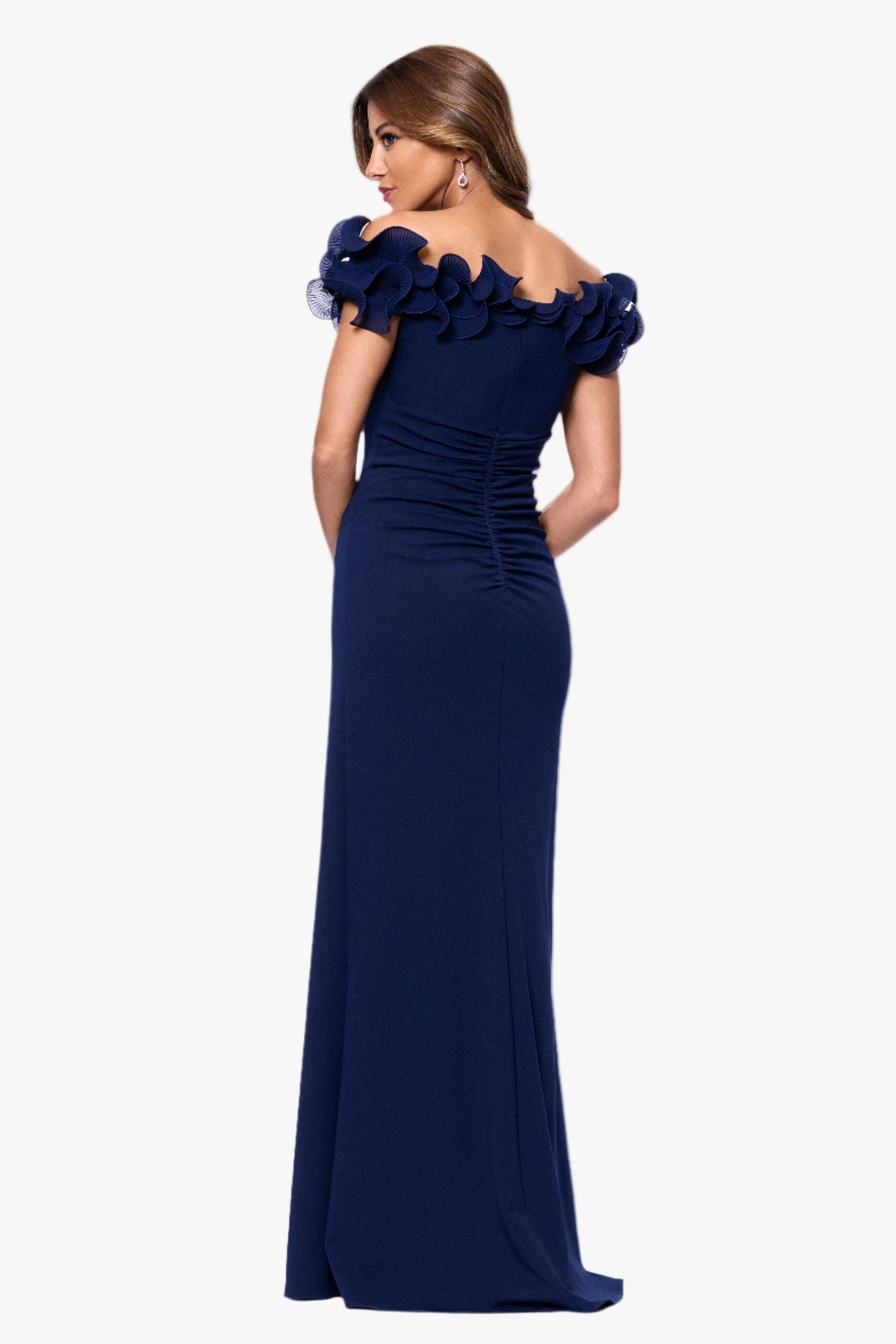 Petite "Anya" Scuba Crepe & Chiffon Ruffle Off the Shoulder Dress Navy
