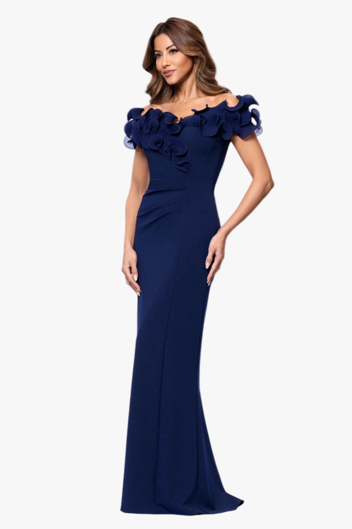 Petite "Anya" Scuba Crepe & Chiffon Ruffle Off the Shoulder Dress Navy