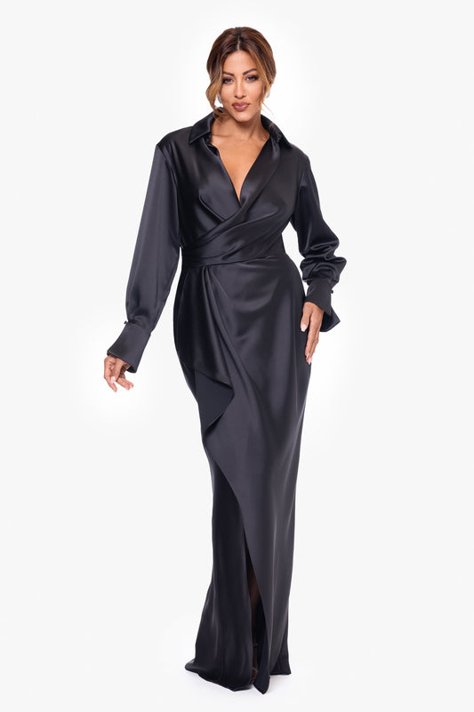 "Emery" Satin Long Sleeve Collared Dress Black