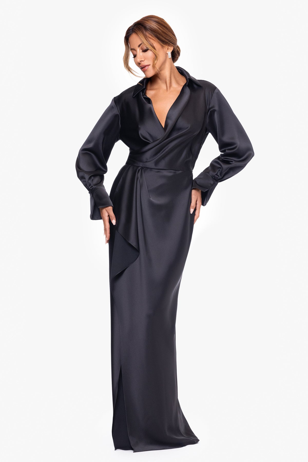 "Emery" Satin Long Sleeve Collared Dress Black